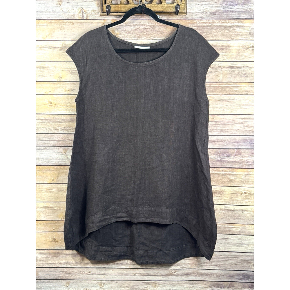 Bryn Walker Chocolate Linen oversized Tunic Top Sleeveless scoop neck, M-L - Picture 2 of 8